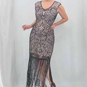 Unique Vintage Roaring 20s Great Gatsby Sequin Fringe Sleeveless Flapper Dress